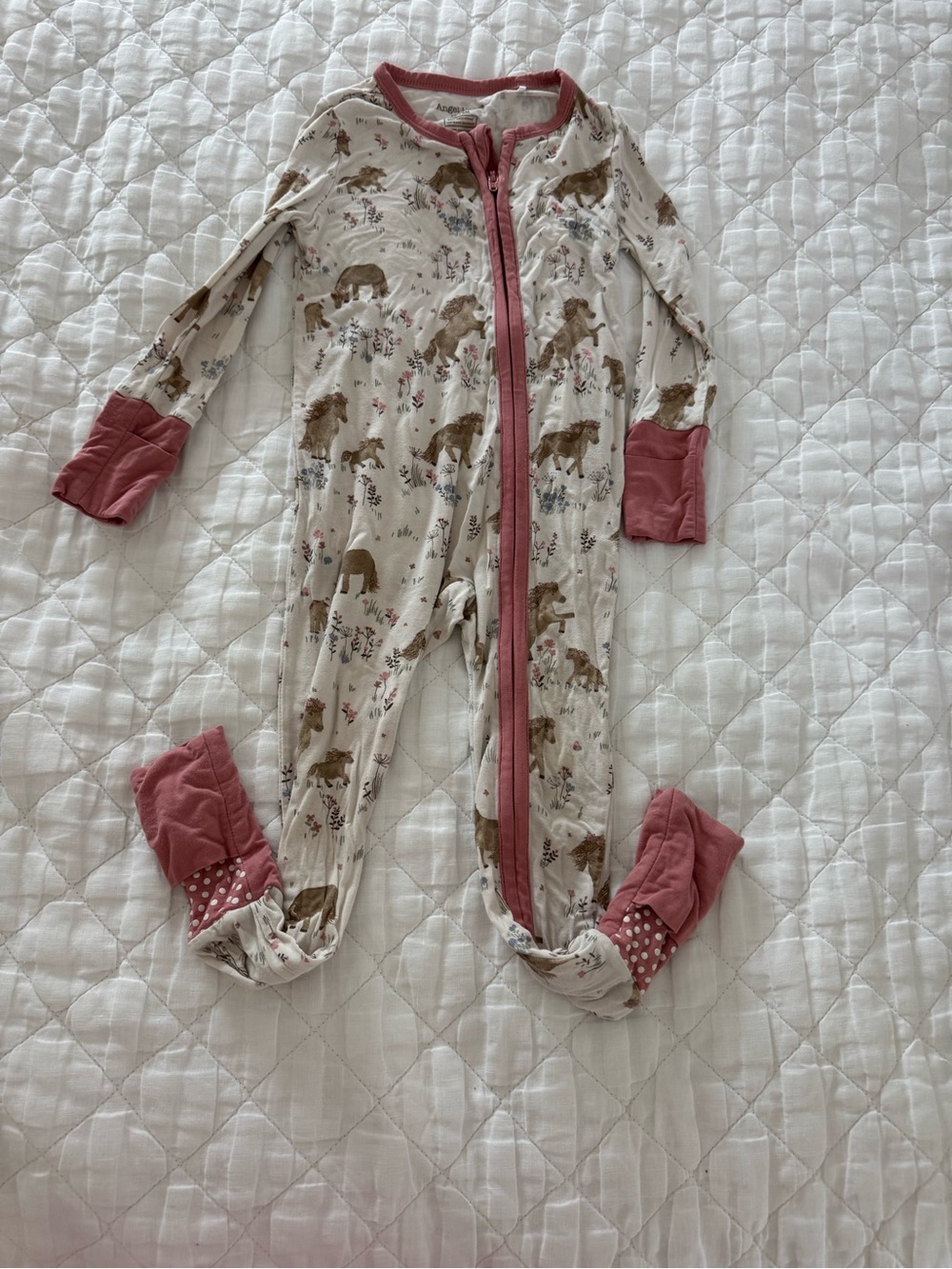 Neutral Horse-Print Kids One-Piece with Rose Trim